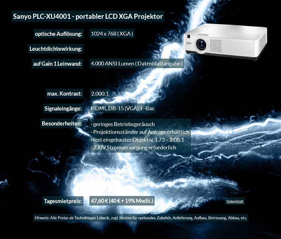 Annonce Präsentationsprojektor LCD Sanyo PLC XU4001 zu einem Mietpreis je Tag von 40 Euro + Mehrwertsteuer