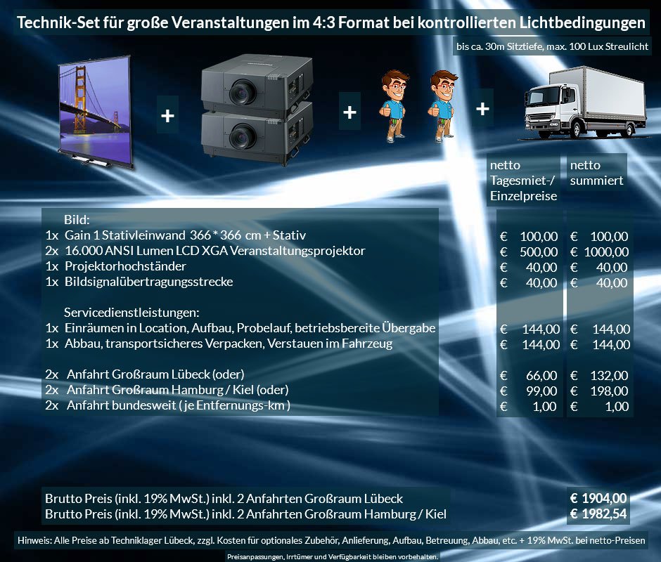 4:3 Veranstaltungstechnik-Mietangebot XGA Projektoren 32000 ANSI Lumen + 366x366cm Gain 1 Stativleinwand + Anlieferung Aufbau Übergabe Abbau Rücktransport